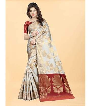 Gazal Fashions Banarasi Silk Embellished Saree With Unstitched Blouse Piece ( Cream )