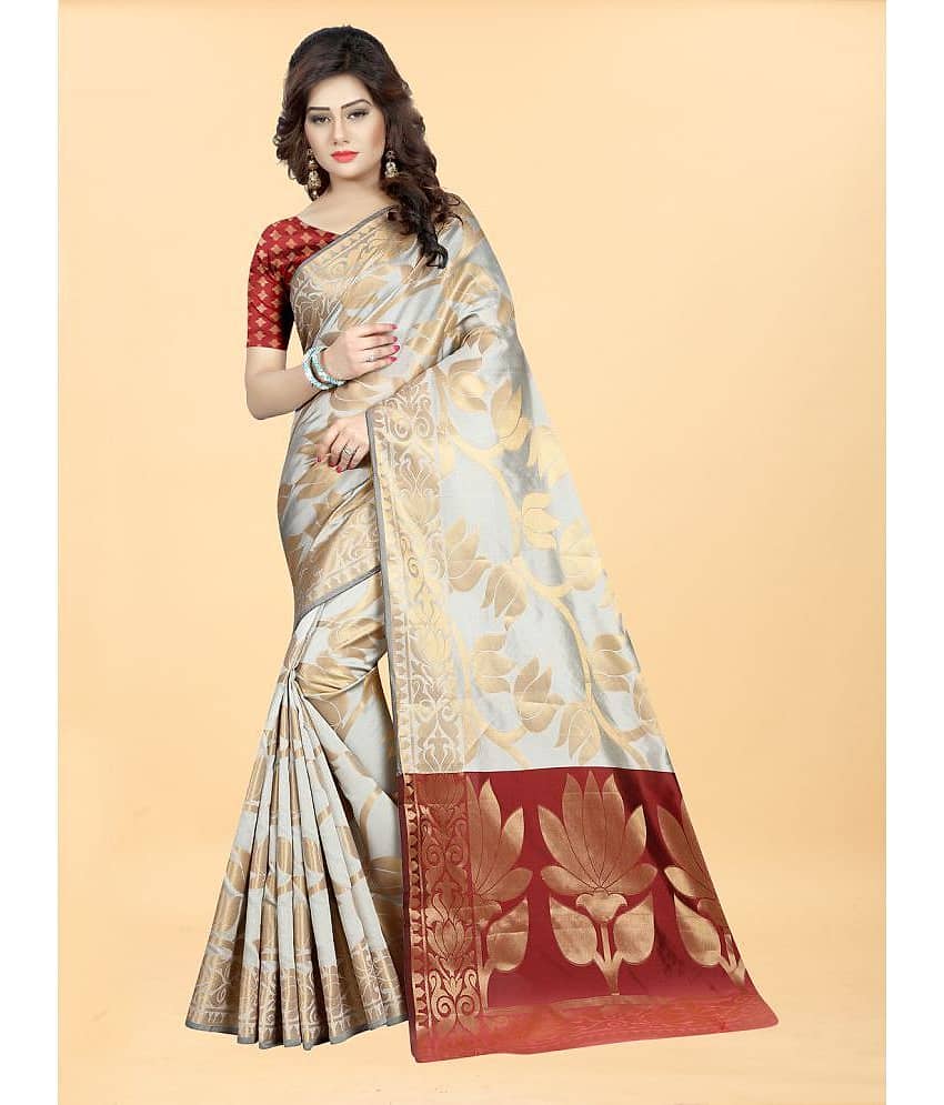 Gazal Fashions Banarasi Silk Embellished Saree With Unstitched Blouse Piece ( Cream )