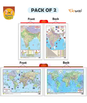 Set of 2 | 2 IN 1 INDIA POLITICAL AND PHYSICAL MAP IN ENGLISH and 2 IN 1 WORLD POLITICAL AND PHYSICAL MAP IN ENGLISH Educational Charts