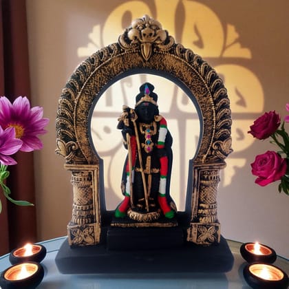 AMS Lord Murugan Idol l Subramanya Swamy Idol with Arch for Home Decor, Office, Pooja Room l Black Resin Shanmuga Showpiece l 23 Cm Karthikeya Murti for Housewarming and Wedding Gift