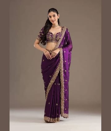 Rangtulika Ethnics Cotton Blend Embroidered Banarasi saree With Unstitched Blouse Piece ( Purple )