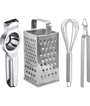 OC9 Silver Stainless Steel Lemon Squeezer+8 in 1 Grater+Whisk+Chimta ( Set of 4 )