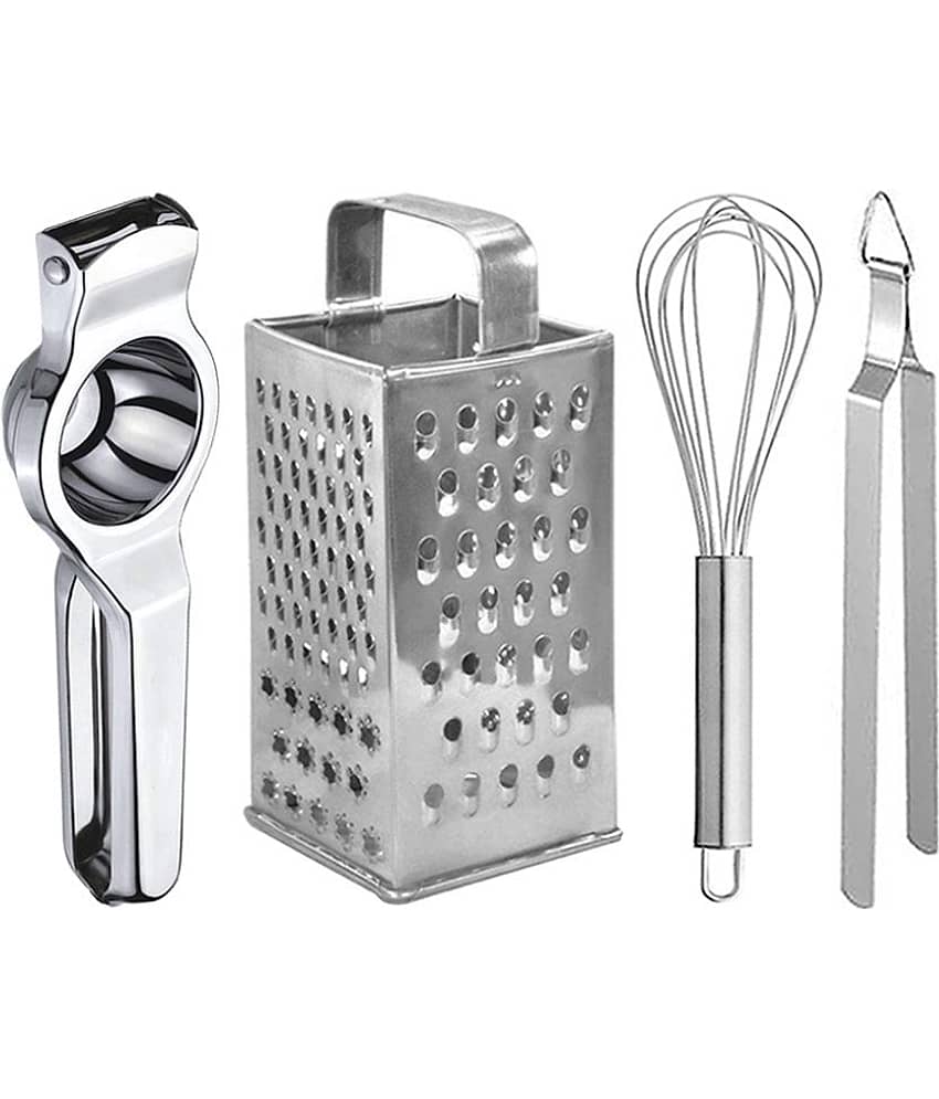 OC9 Silver Stainless Steel Lemon Squeezer+8 in 1 Grater+Whisk+Chimta ( Set of 4 )