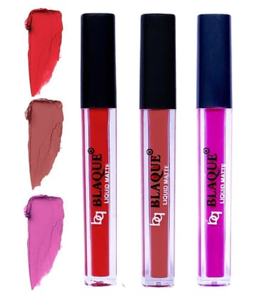 bq BLAQUE Matte Liquid Lipstick Combo of 3 Lip Color 4ml each, Waterproof - Orangish Red, Brown, Swiss Light Magenta