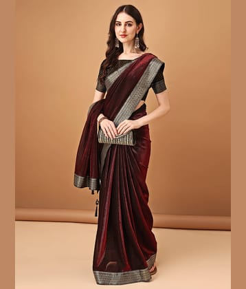 Parmila Fashion Lycra Embellished Saree With Unstitched Blouse Piece ( Maroon )