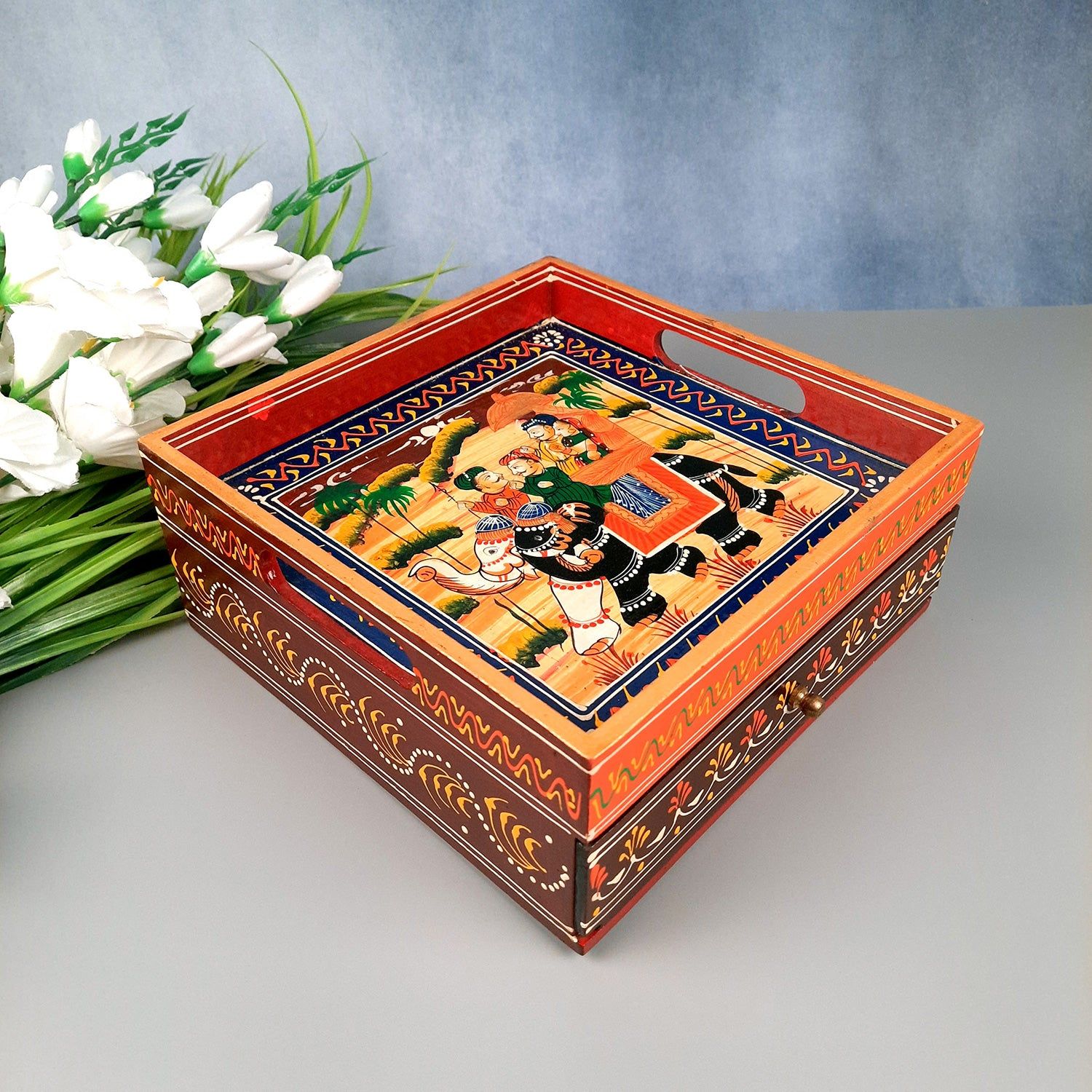 Serving Tray Wooden | Square Tray With Drawer Storage | Tray Cum Organizer for Keeping Tea/ Sugar/ Coffee Sachet & Cutlery - for Home, Dining Table, Kitchen Decor, Restaurant, Office, Cafe  - 10 Inch