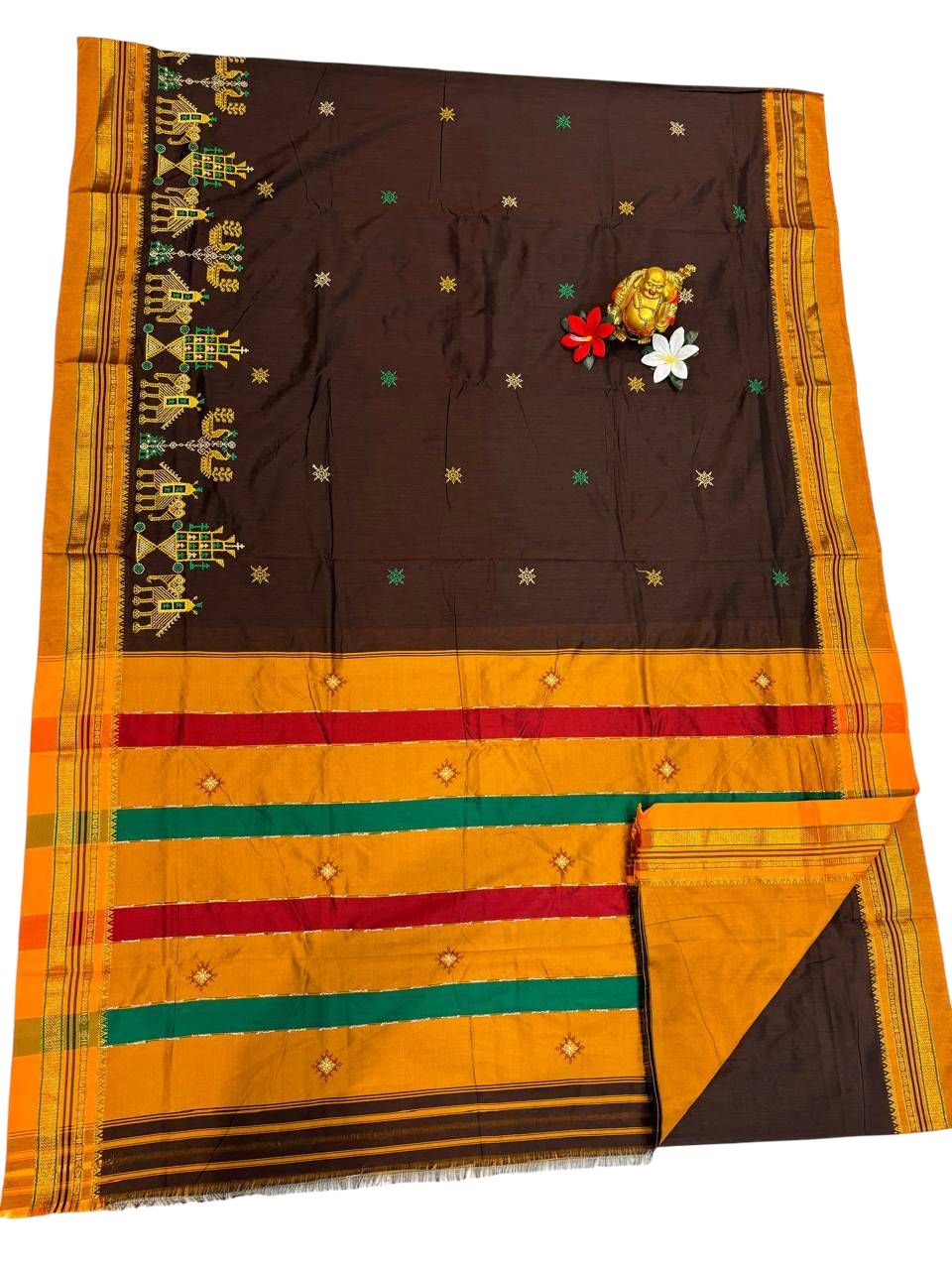 Karnataka Traditional Handcrafted Festive Saree with Luxurious Brown Base, Vibrant Colors, and Intricate Patterns, Including a Matching Blouse Piece, Ideal for Cultural Events and Celebrations