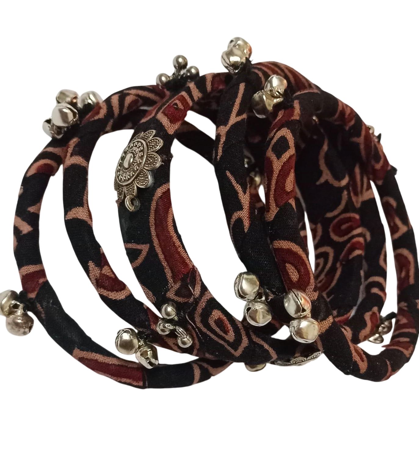 Elegant Fabric Bangles with Silver-Tone Embellishments