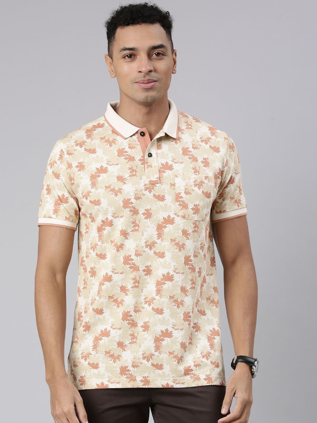 Classic Polo Men's Half Sleeve Lt.Orange/Peach Polo Neck Cotton Blend Slim Fit T-Shirt | BEAU - 268 A SF P
