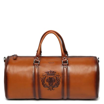 Embossed Lion Tan Leather Zip Closure Duffle Bag By Brune & Bareskin-FS