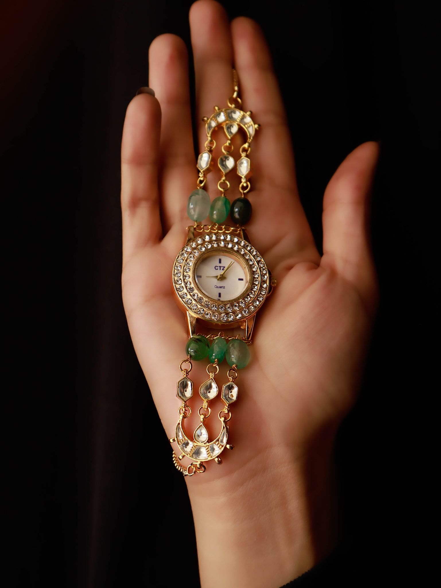 Asfi Mint-Green Kundan Wrist Watch-Mint
