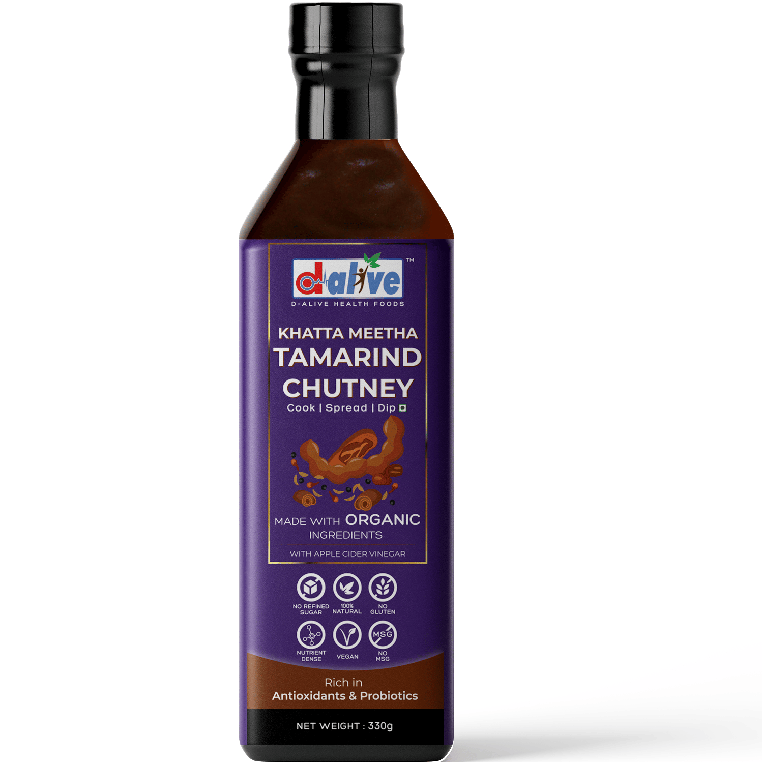 Khatta Meetha Tamarind (Imli) Chutney (Organic, Sugar-Free, 100% Natural, Gluten-Free, Low Carb, Vegan, Diabetes & Keto Friendly) - 330g