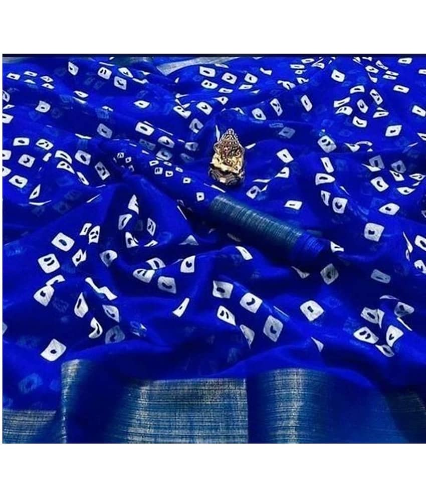 Grubstaker Cotton Printed Saree With Unstitched Blouse Piece ( Blue )