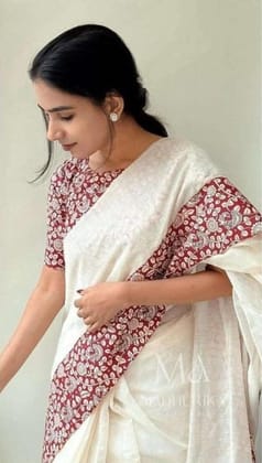 DARSHANS Women's Linen Printed Saree With Unstitched Blouse 5.5Mtr (White)-PID65190