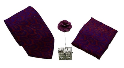 VOICI France Men's Self-design necktie pocket square lapel pin and cufflink combo gift set Purple color free size - Purple red