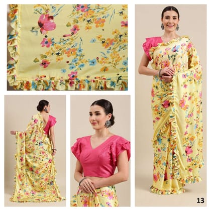Yellow Color Mirror Ruffle Mosh Silk Saree.