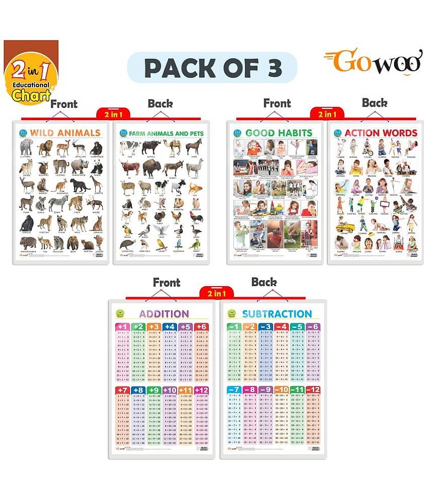 Set of 3 |2 IN 1 WILD AND FARM ANIMALS & PETS, 2 IN 1 GOOD HABITS AND ACTION WORDS and 2 IN 1 ADDITION AND SUBTRACTION Early Learning Educational Charts for Kids