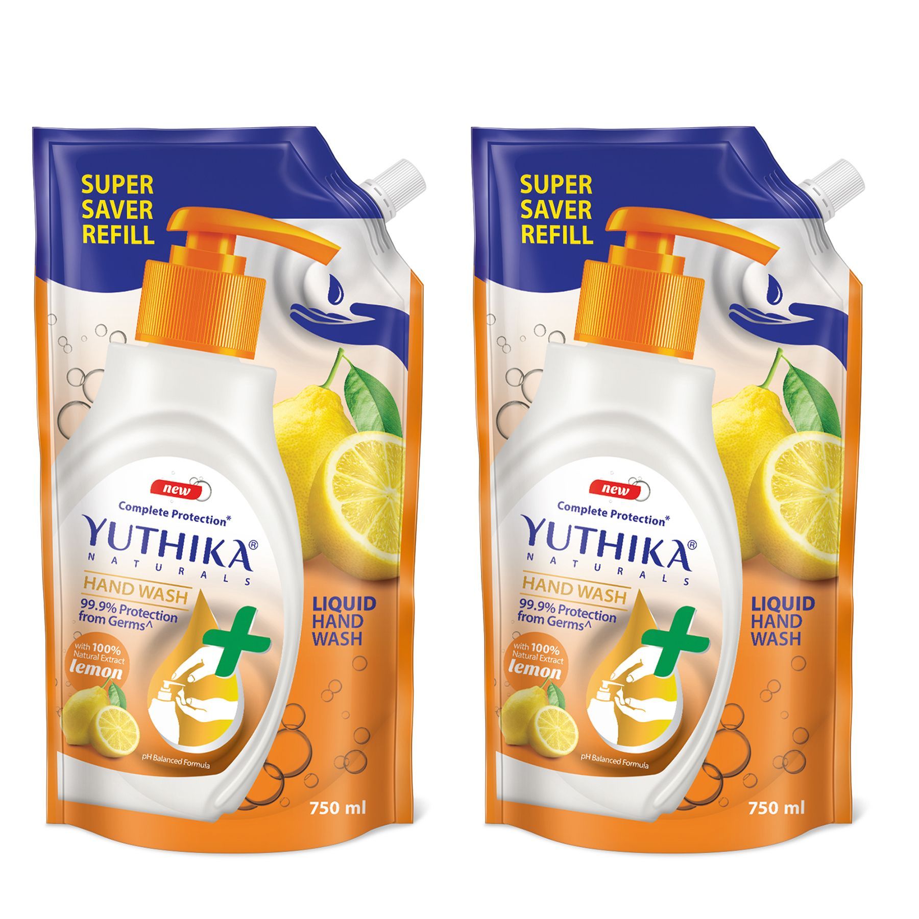 Yuthika Liquid Hand Wash Refill Pack 750ml Pack of 2, Lemon Handwash, Germ Protection Handwash with pH Balanced Formula