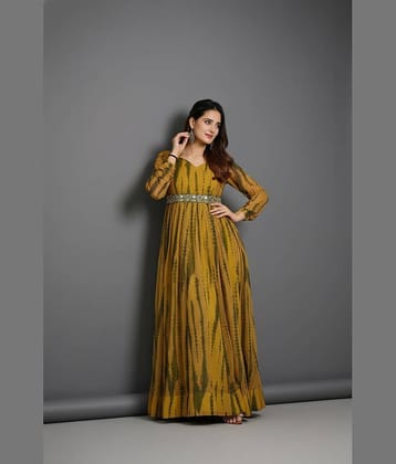 Femvy Women Crepe Printed Fit & Flare Dress ( Yellow )