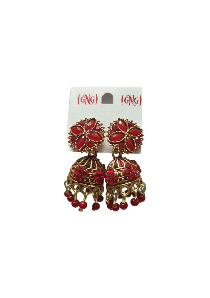 Red Stone Jhumka Earrings with Golden Beads"
