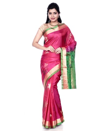 Elegant Pink Kanchipuram Silk Saree with Floral Design + Green Pallu
