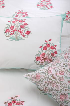 Aafirah Turquoise Percale Hand Block Printed Bedsheet with Two Pillow Covers-Standard Double - 90 x 108 in / Blue Turquoise / Turquoise