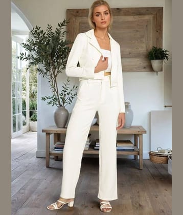 kotty Women Solid Blazer With Trousers Co-Ord Set ( White )
