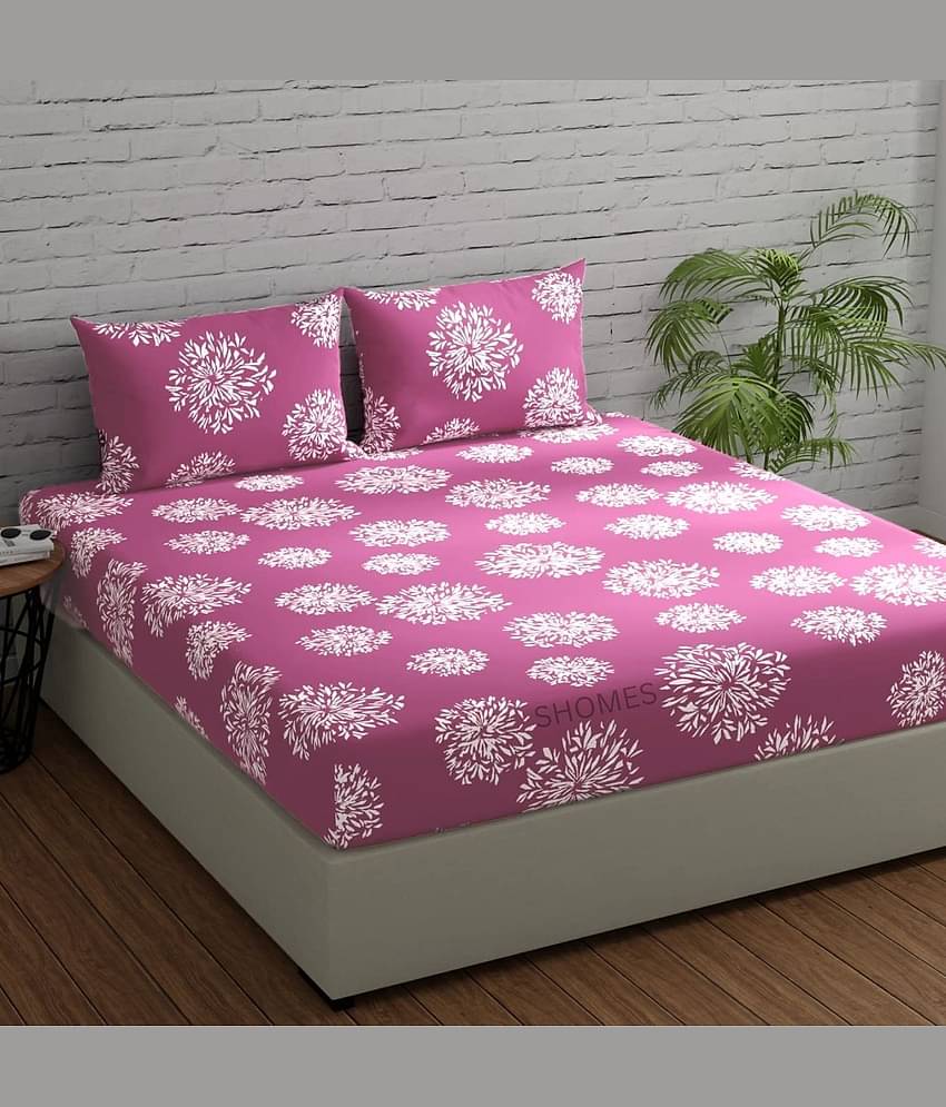 SHOMES Cotton Floral Fitted 1 Bedsheet with 2 Pillow Covers ( Double Bed ) - Pink