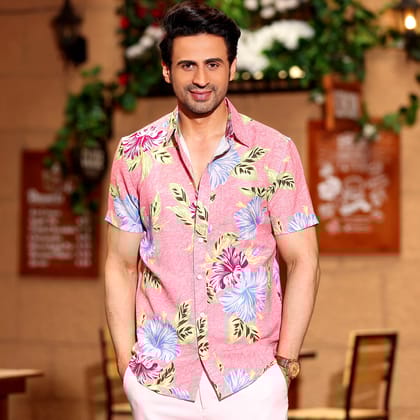 Hibiscus Flower Salmon Pink Casual Half Shirt (Size - S) by BLUE EAGLE