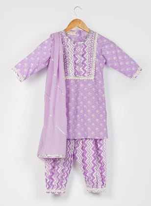 Kids Lilac Handblock Suit Set-4-5 Y / Lavender