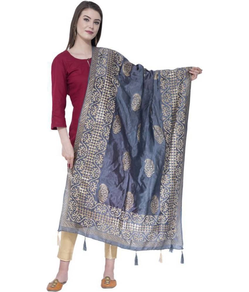 A R Silk Grey Silk Block printed Dupatta