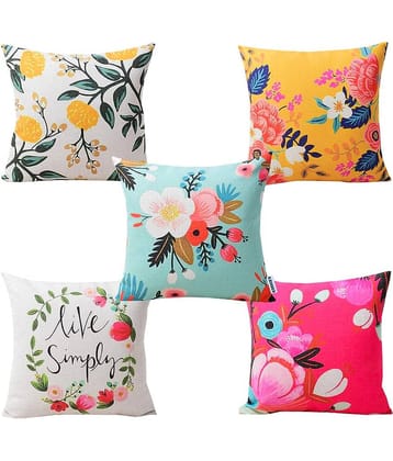 Home Solution Set of 5 Jute Floral Printed Square Cushion Cover (40X40)cm - Multi