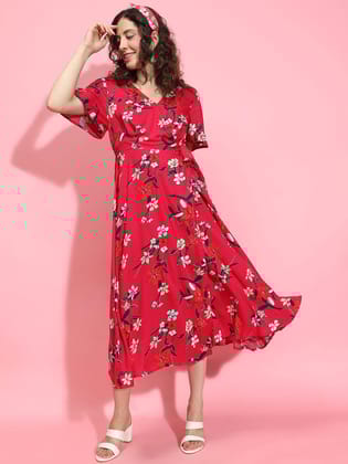 Tiara Red Floral Print Belted Long Flare Women Dress-S