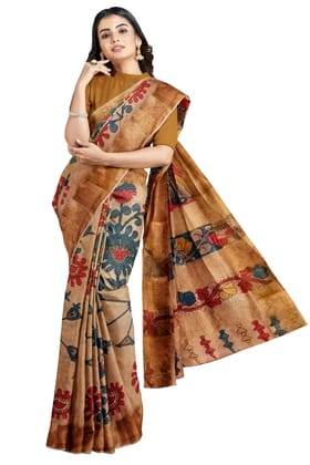 Beige Tussar Silk Saree with Pen Srikalahasti Kalamkari Florals