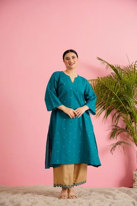 A Pristine Teal Blue Plus Size Handloom Cottonj kurtie Set A Pristine Teal Blue Plus Size Handloom Cottonj kurtie Set
