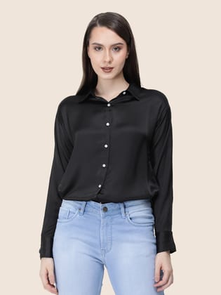 Black Regular Fit Summer Satin Shirt-M