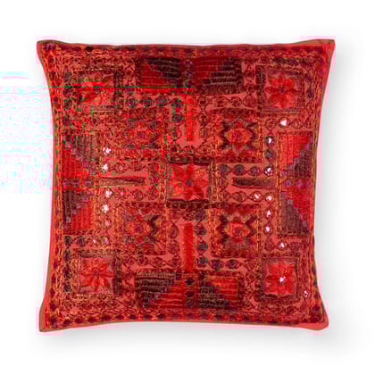 Red Cotton Mirror Embroidered Cushion Cover Pack of 1 16x16 Inches