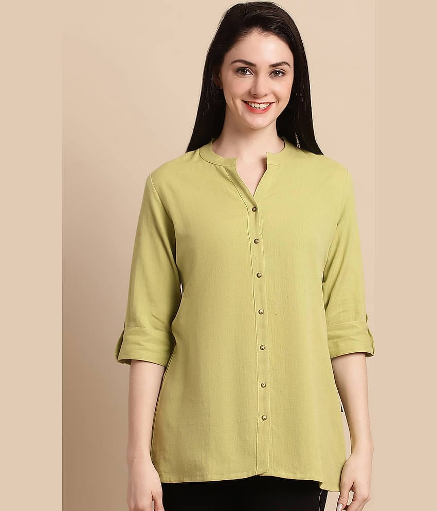 Pistaa Women Solid Cotton Shirt ( Green )