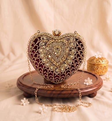 Zari Zardozi heart shape velvet clutch
