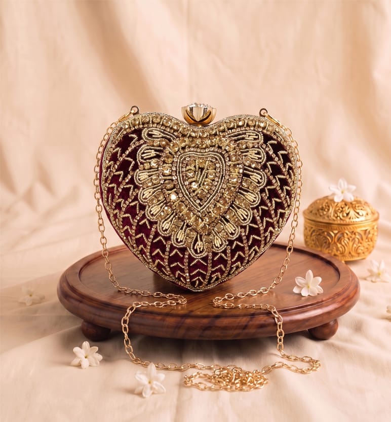 Zari Zardozi heart shape velvet clutch