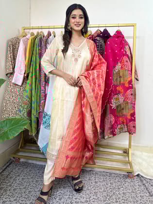 Shiny Beige Color Kurta Set with Red Dupatta-M