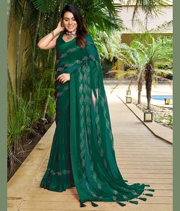 Satrani Chiffon Embellished Saree With Unstitched Blouse Piece ( Green )