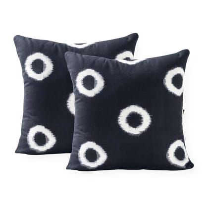 Handwoven Ikat Cotton Cushion Cover Black and White with Maroon Piping Pack of 2 18x18 Inches