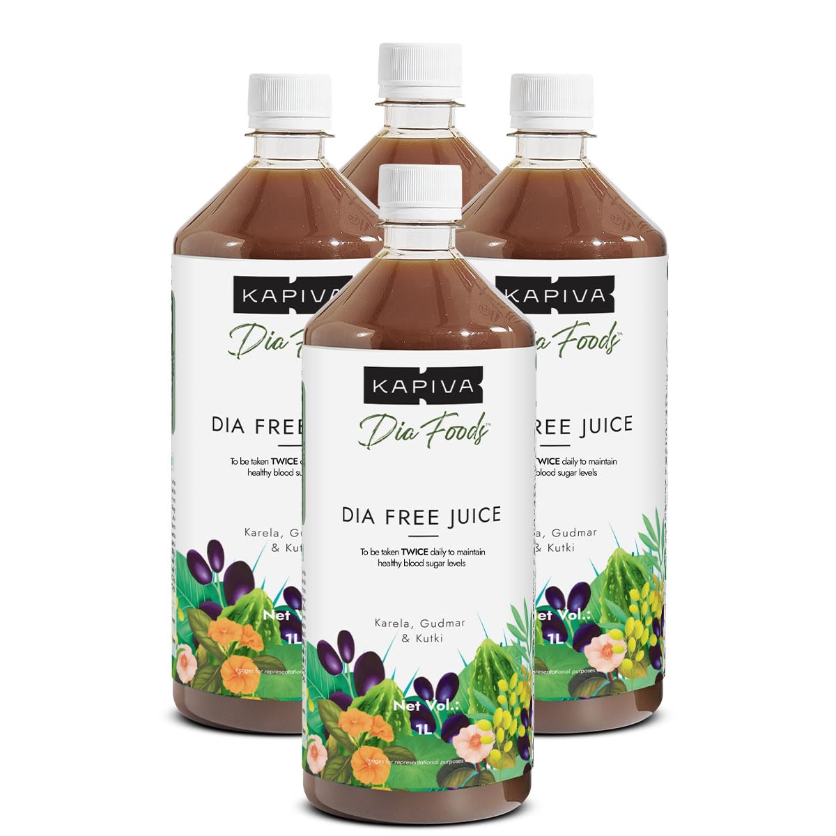Kapiva Dia Free Juice (4 L) | For Holistic Blood Sugar Care | Amla, Karela, Jamun, Guduchi & 7 More - Super Saver Pack of 4
