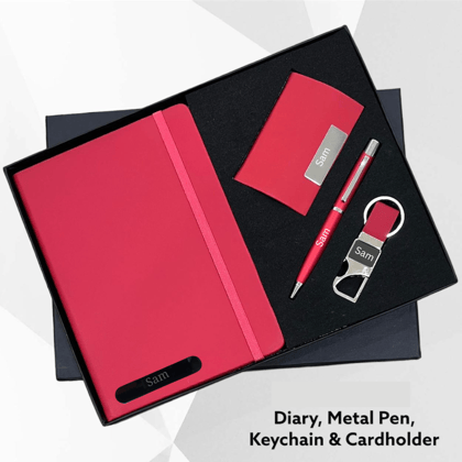 Customized Dairy, Pen, Keychain and Cardholder Combo Red
