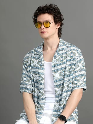 Premium Men Summer Shirt, Oversized Fit, Viscose Rayon, Half Sleeve, Printed-XXL / Printed White