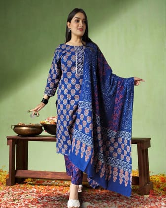 Mehek Cotton Suit Set Dark Blue Handblock Print-36 (S)