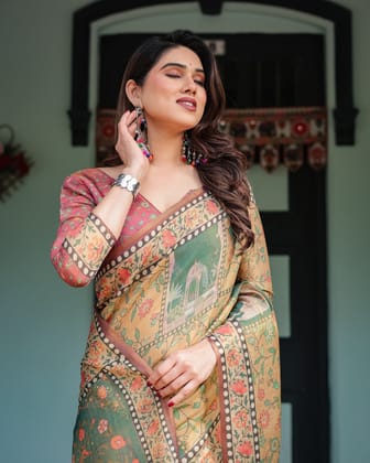 Mustard Yellow with Floral Motifs, Linen Cotton Handloom Printed Saree Architectural Pallu, and Tassels-Regular