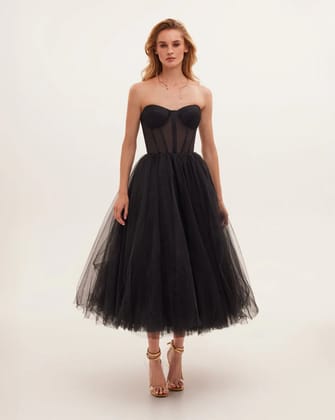 Black Strapless Puffy Dress-XXS