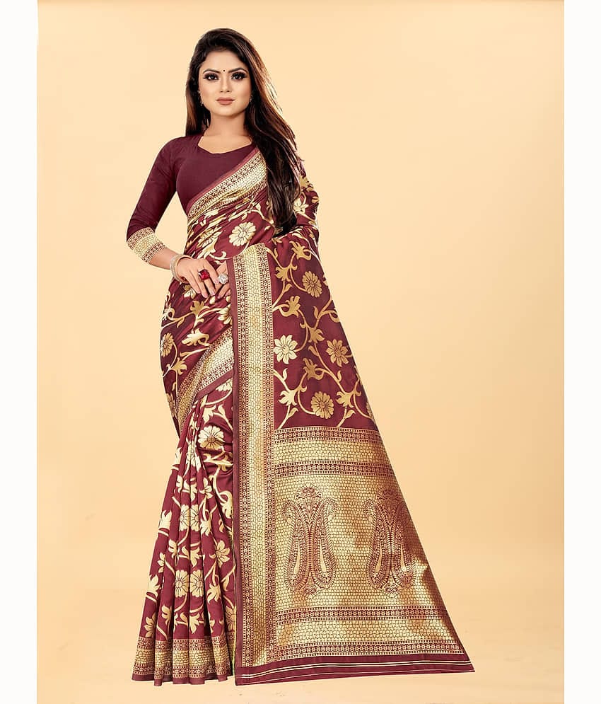 Gazal Fashions Banarasi Silk Embellished Saree With Unstitched Blouse Piece ( Maroon )
